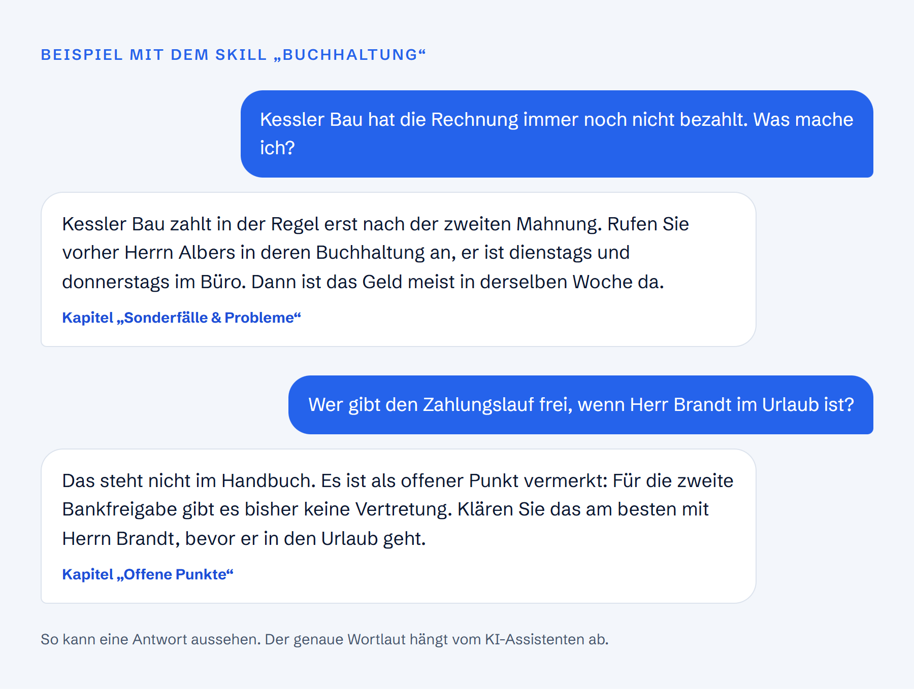 Beispiel-Chat: Die Nachfolge fragt nach einem säumigen Kunden und nach einer Urlaubsvertretung, die KI antwortet jeweils mit Kapitelangabe