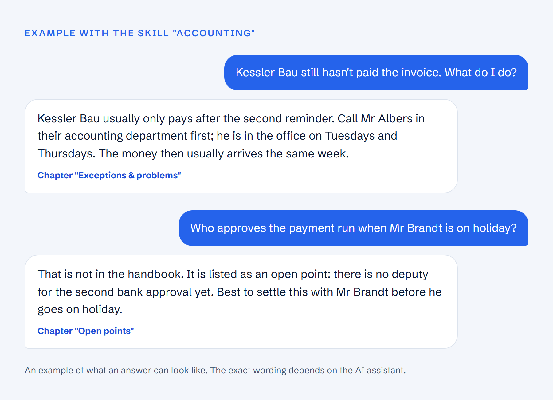 Example chat: the successor asks about a late-paying customer and about holiday cover, and the AI answers with the chapter each time