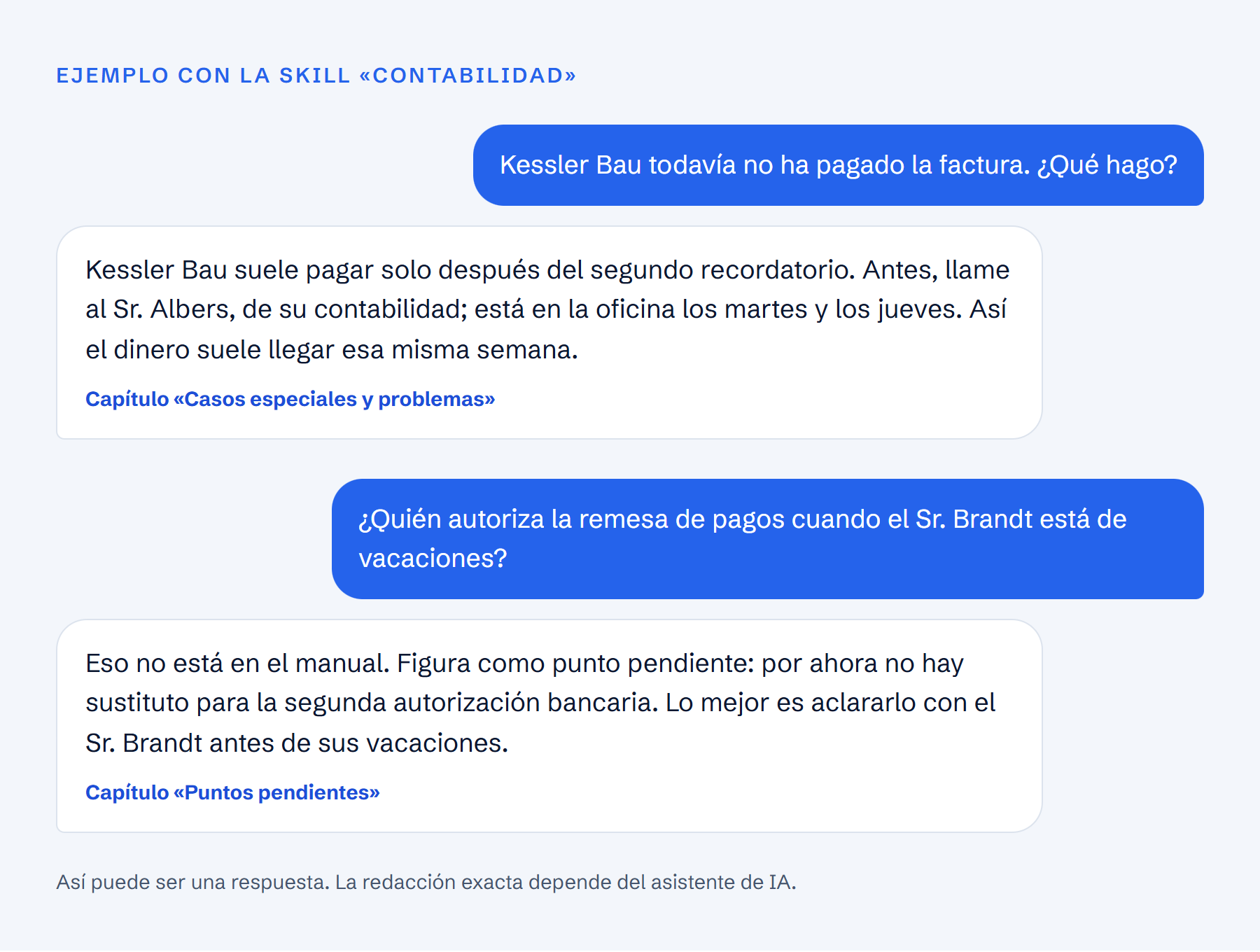 Chat de ejemplo: quien llega pregunta por un cliente que paga tarde y por la sustitución en vacaciones, y la IA responde cada vez indicando el capítulo