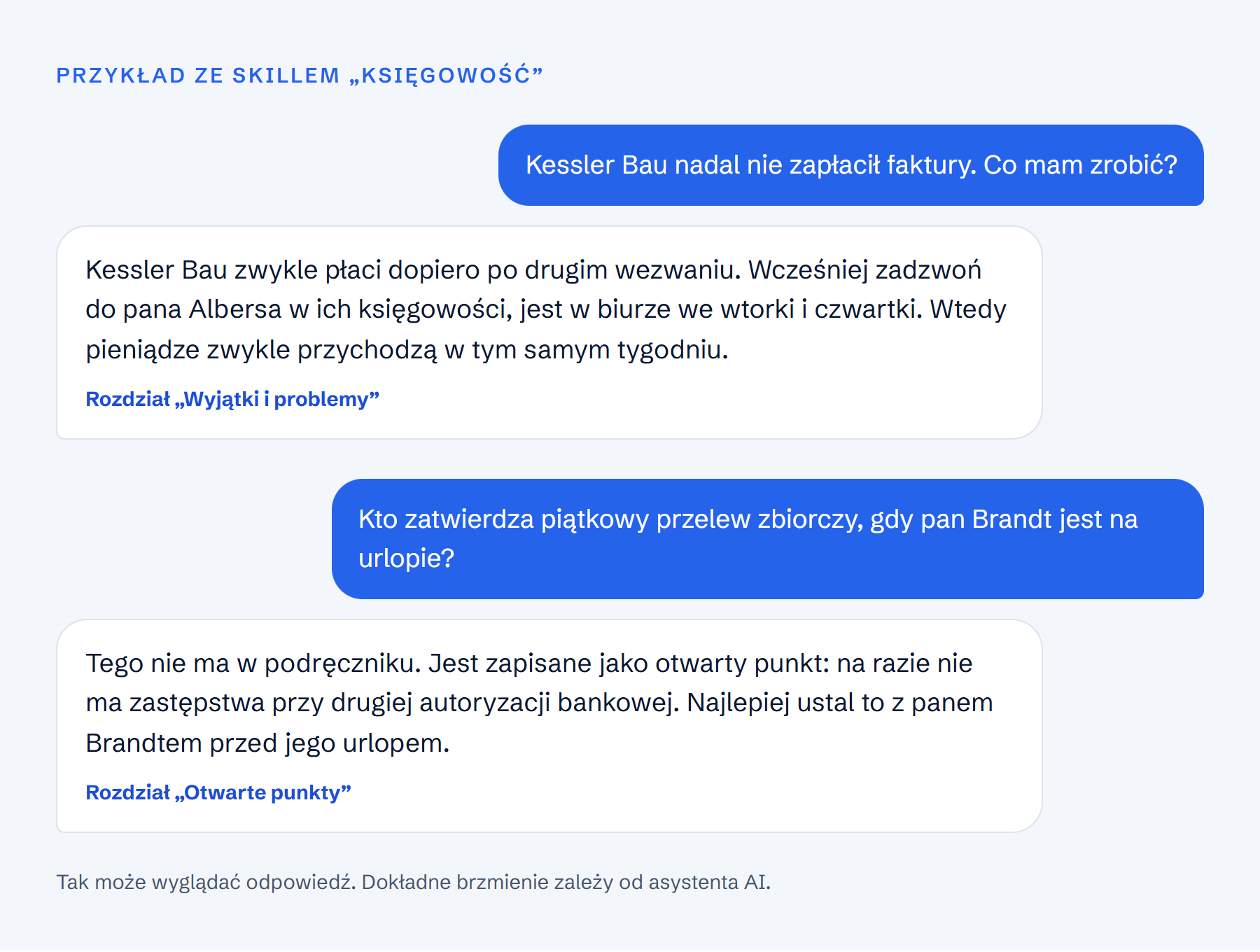 Przykładowy czat: następca pyta o klienta, który zalega z płatnością, i o zastępstwo na czas urlopu, a AI za każdym razem podaje rozdział