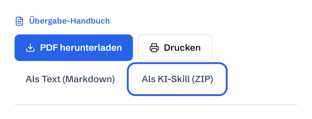 Download-Leiste im fertigen Handbuch mit PDF herunterladen, Drucken, Als Text (Markdown) und Als KI-Skill (ZIP)