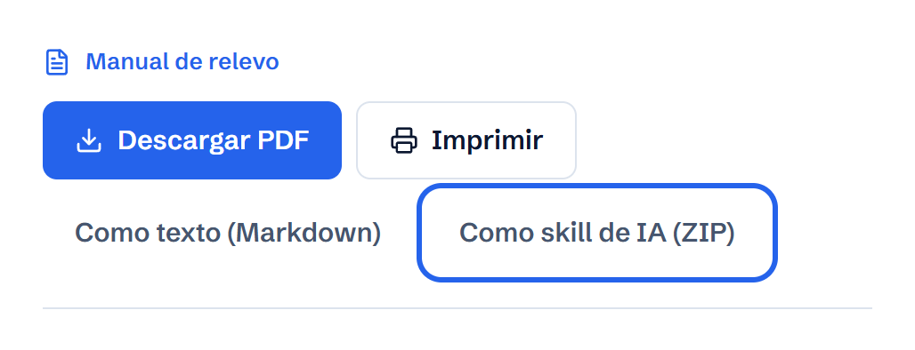 Barra de descarga del manual terminado con Descargar PDF, Imprimir, Como texto (Markdown) y Como skill de IA (ZIP)