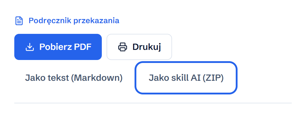 Pasek pobierania gotowego podręcznika z przyciskami Pobierz PDF, Drukuj, Jako tekst (Markdown) i Jako skill AI (ZIP)