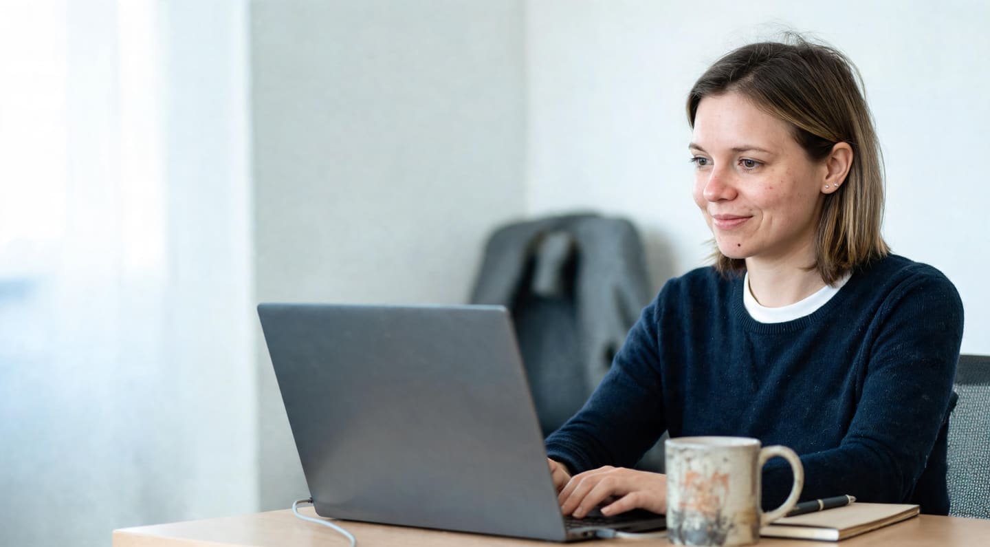 Jana Becker siedzi sama przy laptopie i kończy rozmowę przekazania.